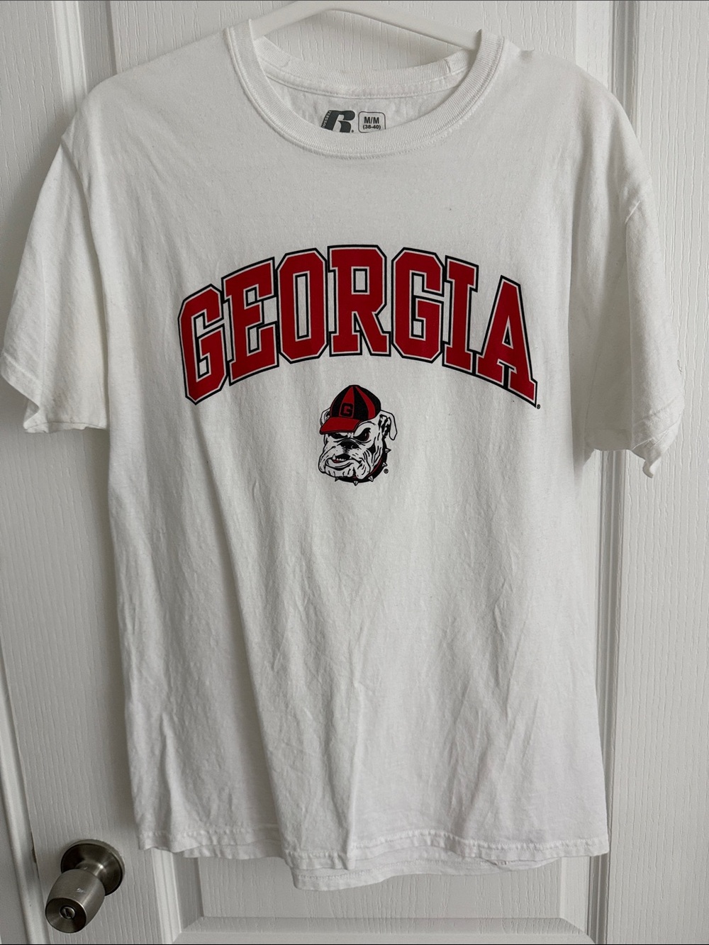 Russell Athletic White Georgia Bulldogs Graphic Tee with Red Lettering